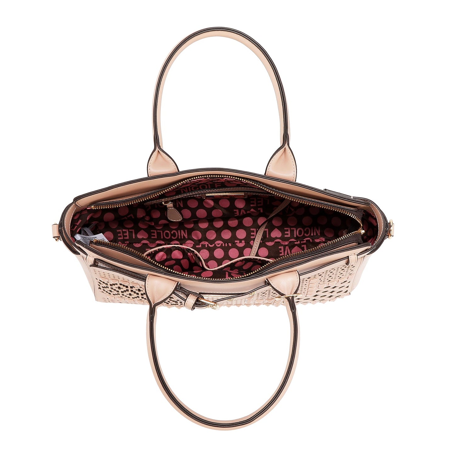 BOLSO SATCHEL CON RECORTES GEOMÉTRICOS (ROSA)