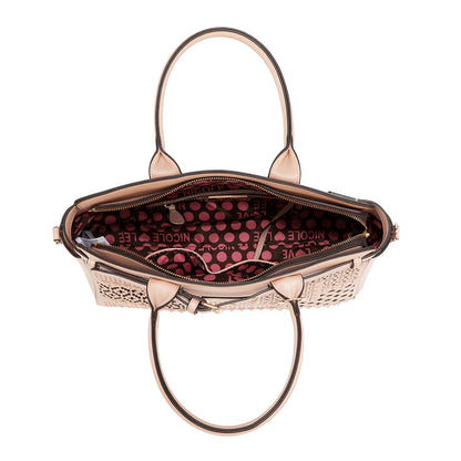 BOLSO SATCHEL CON RECORTES GEOMÉTRICOS (ROSA)