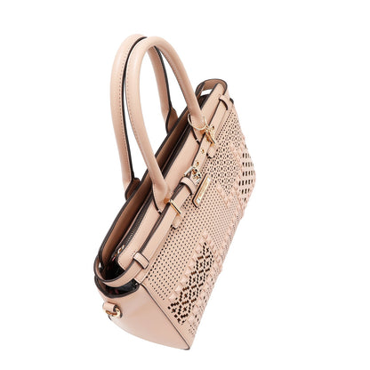 BOLSO SATCHEL CON RECORTES GEOMÉTRICOS (ROSA)